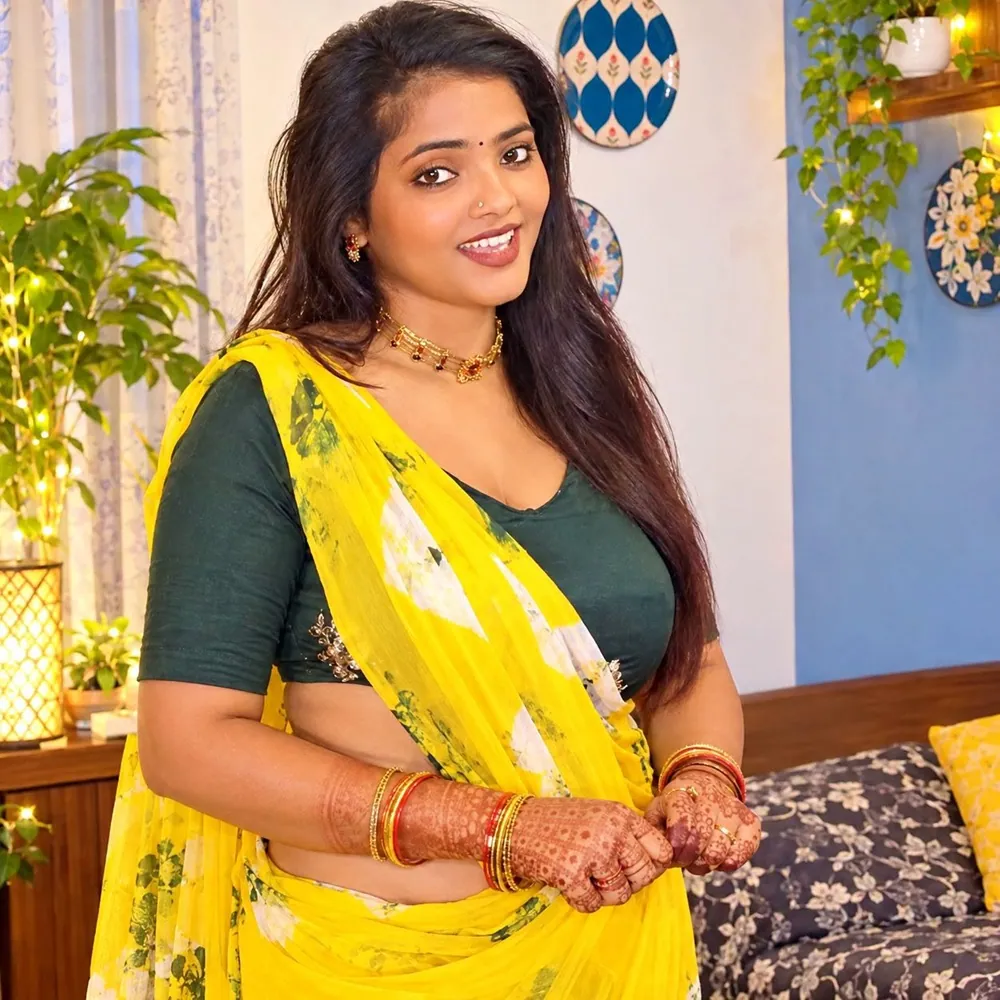 Smiling woman in a yellow floral saree and green blouse with henna on her hands, standing in a decorated living room